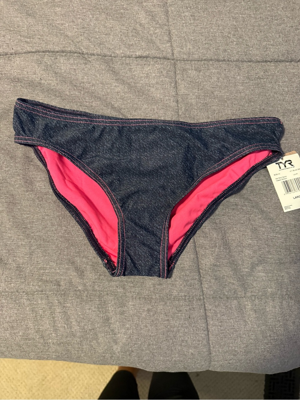 TYR Denim-Style Navy Bikini Bottom with Pink Stitching